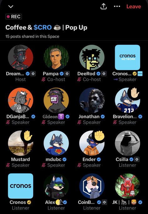 A Twitter/X Space recording titled 'Coffee & $CRO | Pop Up' showing 15 participants including host Dream, co-hosts Pampa and DeeRod, speakers like DGanjab, Gideon, Jonathan, and Bravellon, and listeners including Cronos and Alex.