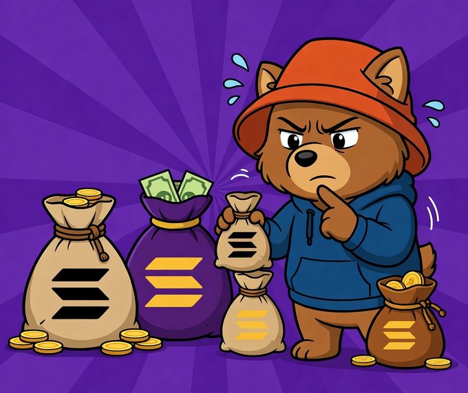 A cartoon bear wearing an orange bucket hat and blue hoodie looks suspiciously at several bags of money and gold coins, seemingly counting or assessing them. The image conveys a sense of cautious wealth evaluation, fitting with the "$BERT" ticker as the bear character represents a "bearish" or scrutinizing perspective on financial holdings.