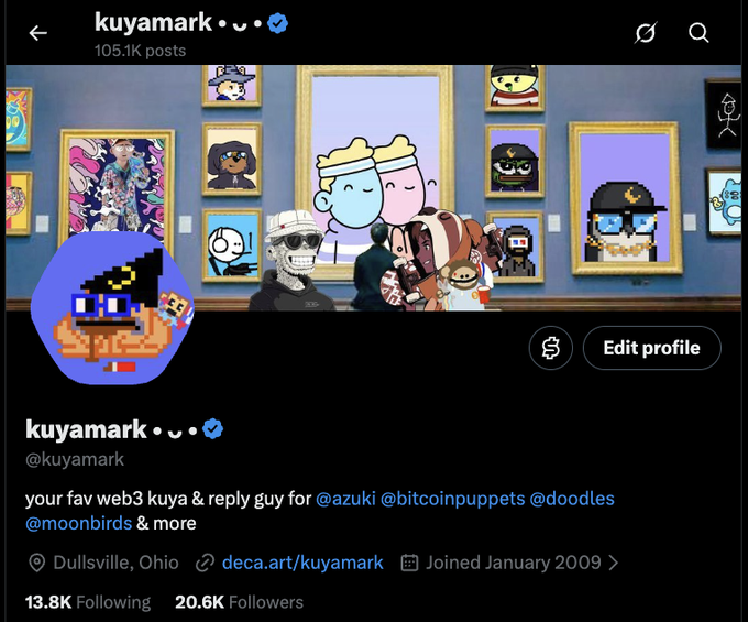 Twitter profile page for 'kuyamark' (@kuyamark) with 105.1K posts, featuring a pixel art avatar and NFT artwork displayed on a virtual gallery wall.