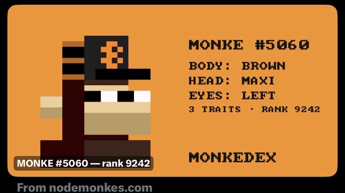 Pixel art Monkedex card on an orange background showing 'MONKE #5060 — rank 9242' with attributes: BODY: BROWN, HEAD: MAXI, EYES: LEFT, 3 TRAITS, from nodemonkes.com.