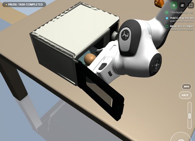 A screenshot of a robot simulation game showing a robotic arm holding an egg near a microwave, with UI text including 'PAUSE: TASK COMPLETED' and objectives to hold and move the arm.