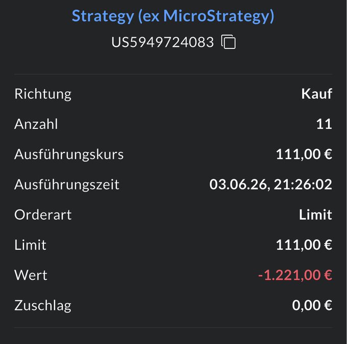 In the image, there are several text elements displayed, including numbers, a red "X", and some words such as "Strategy" and "Limit Order". The main focus of this content is the stock trading table, which shows prices and amounts for specific orders placed in different markets around the world. These details can help investors make informed decisions about their portfolio management. One of the posts that appear to be related to this image highlights how many more MSTR (Minute Trade Fee) transactions are needed to reach a maximum daily limit order placement price of 101€, with the next order placed at 11:00 €. The stock prices and amounts in the table can help users understand the performance of their trades and possibly adjust their investment strategies based on market changes or trends.