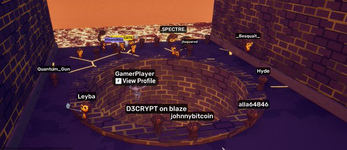 A virtual 3D environment showing multiple player avatars gathered around a circular brick pit, with usernames like SPECTRE, _Besquait_, Quantum_Gun, GamerPlayer, Leyba, D3CRYPT, johnnybitcoin, aila64846, Hyde, Hisanishi, and _Rogueur_ floating above their heads.