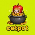 A cartoon mascot featuring a cat peering out of a black cauldron filled with gold coins, with the word "catpot" displayed below in orange lettering, visually represents the meme coin $catpot giveaway lottery announced in the post.