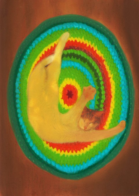 A vibrant oil painting of a sleeping cat curled up in a circular, mandala-like pattern of concentric rings in green, yellow, red, and turquoise colors against a brown background.