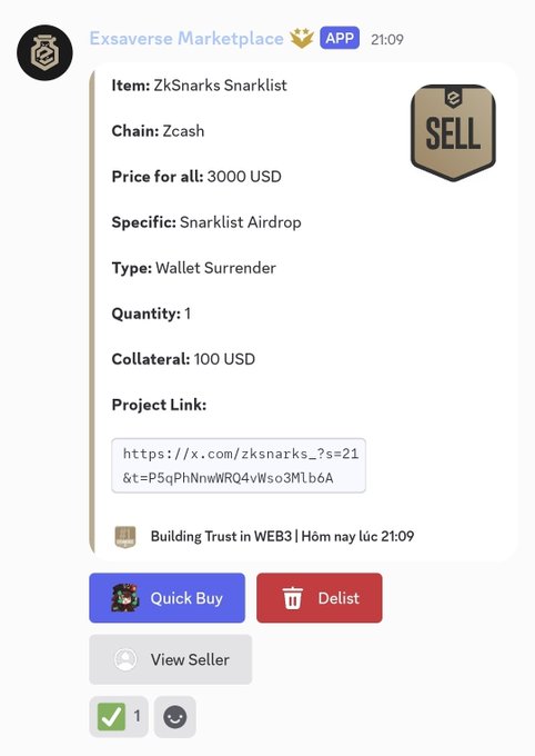 A Telegram post from "Exsaverse Marketplace" showing a "SELL" listing for a ZkSnarks Snarklist (Zcash chain) priced at $3000 USD with a $100 USD collateral, including Quick Buy, Delist, and View Seller buttons—corroborating the user's claim that the ZkSnarks whitelist alone sold for $3,000.