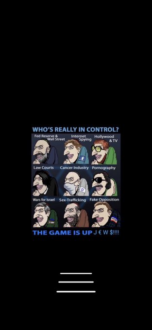 A political cartoon titled "WHO'S REALLY IN CONTROL?" features caricatures labeled with topics like "Fed Reserve & Wall Street," "Internet Spying," "Hollywood & TV," "Law Courts," "Cancer Industry," "Pornography," "Wars for Israel," "Sex Trafficking," and "Fake Opposition," with the text "THE GAME IS UP & WE W $!!!!!" at the bottom.