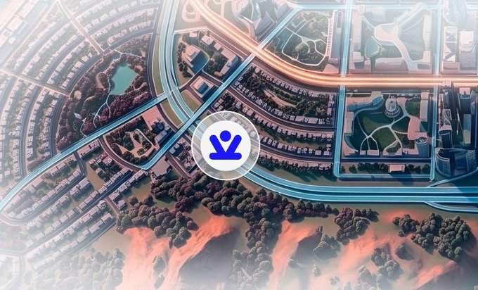 The image is an aerial view of a city with lots of buildings. In the center of the city's skyline, there is a blue logo featuring a white bird facing left. The text reads "It'S a powerful campaign supported by many teams ... complete your LitVMSwap task". The surrounding areas include roads and grassy areas, indicating that this urban setting is located in a region with a mix of natural elements and city infrastructure.
