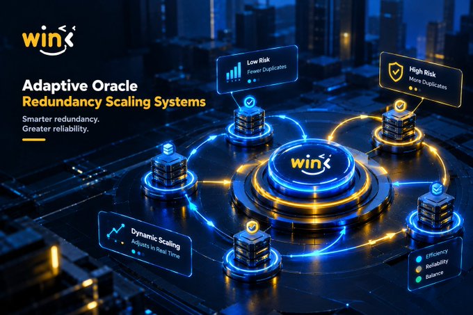 A promotional graphic for 'Wink' featuring the headline 'Adaptive Oracle Redundancy Scaling Systems' with the tagline 'Smarter redundancy. Greater reliability.' The image shows a glowing 3D diagram with four nodes labeled 'Low Risk (Fewer Duplicates),' 'High Risk (More Duplicates),' and 'Dynamic Scaling (Adjusts in Real Time),' plus a legend for 'Efficiency, Reliability, Balance.'