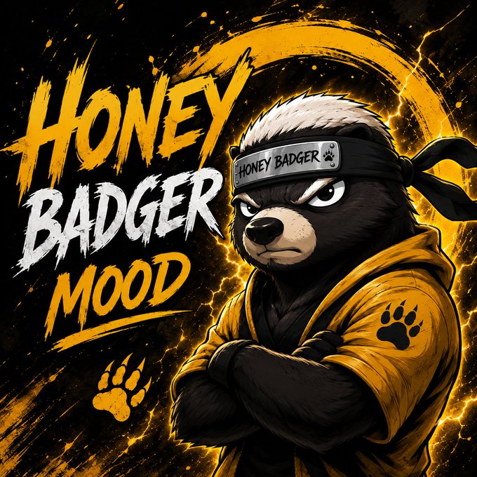 A stylized graphic design featuring a badger in a yellow karate outfit with a 'Honey Badger' headband, set against a black background with yellow lightning effects and the text 'HONEY BADGER MOOD'.