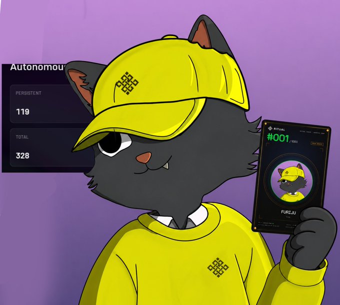 A cartoon black cat mascot wearing a yellow cap and hoodie holds up a digital card labeled "RITUAL #001/1000" with the name "FURTJU," while a background panel displays "Autonomous," "PERSISTENT 119," and "TOTAL 328"—visually reinforcing the post's message that 328 of the first 1,000 Ritual agents are already live for Genesis card deployment.