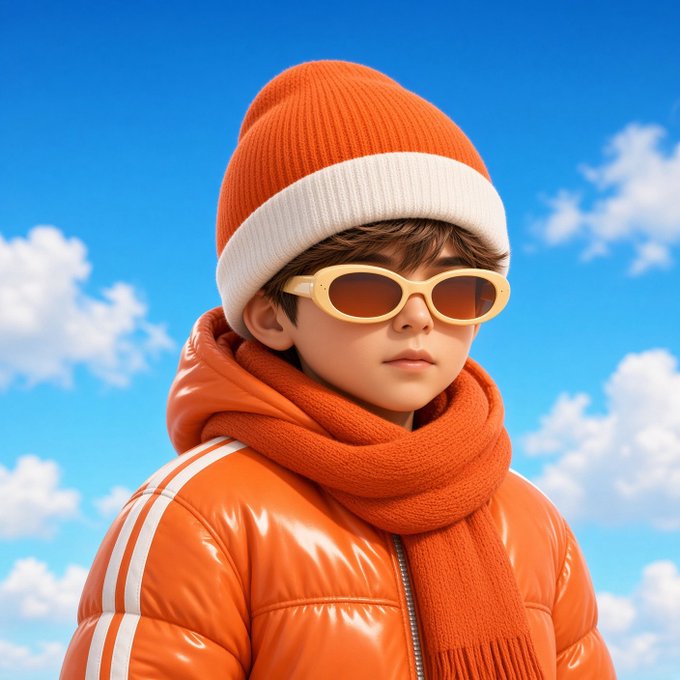 A young boy wears a bright orange puffer jacket, matching scarf, and beanie, along with yellow-framed sunglasses, against a blue sky with clouds.