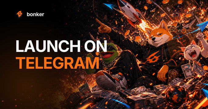 The image features Bonker's branded artwork with the "bonker" logo and bold "LAUNCH ON TELEGRAM" text, depicting an anime-style Shiba Inu character alongside Pepe, surrounded by rockets, cash, and explosions. The vibrant promotional graphic visually reinforces the post's message about easily launching tokens via Telegram through @bonker_wtf_bot.