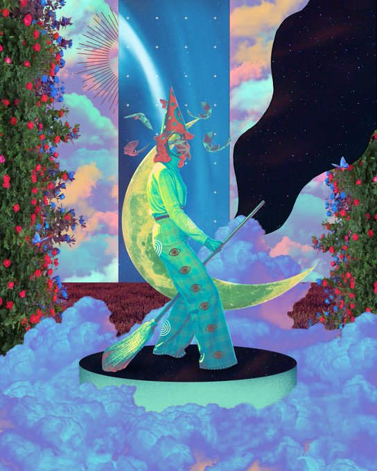 A surreal digital collage featuring a figure in green attire standing on a crescent moon and platform, holding a staff, surrounded by clouds, starry skies, and floral borders.