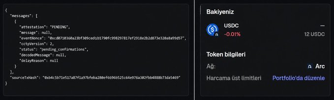 The image shows a JSON response displaying a pending USDC attestation message with event details, alongside a "Bakiyeniz" (Your Balance) panel showing a USDC balance of 12 USDC on the Arc network (Ağ: Arc). This relates to the post's explanation that users cannot currently bridge USDC to Arc through public means—only OTC purchases are working, so any Arc USDC shown in wallets (like the 12 USDC balance pictured) would have come through OTC rather than an official bridge.
