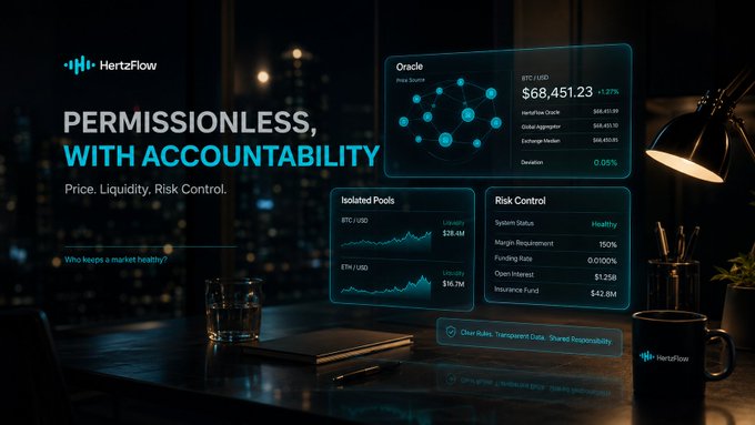 A dark desk scene features floating holographic data panels under the HertzFlow brand, displaying "PERMISSIONLESS, WITH ACCOUNTABILITY" alongside key metrics: an Oracle panel showing BTC/USD at $68,451.23 (+1.27%), Isolated Pools with BTC/USD and ETH/USD liquidity figures, and a Risk Control readout showing 150% margin requirement, 0.0100% funding rate, and a $42.8M insurance fund. The image visually reinforces HertzFlow's approach by presenting real-time market health monitoring—transparency, clear risk parameters, and accountability—as the answer to building truly permissionless perpetual markets.