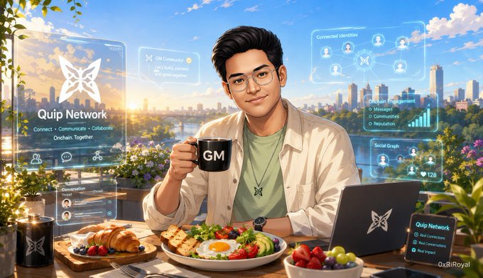 A digital illustration of a man holding a 'GM' coffee mug at a breakfast table with holographic Quip Network interface panels displaying 'Quip Network', 'Connected Identities', 'Onchain Engagement', and 'Social Graph'.
