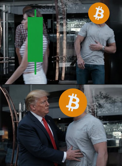 A two-panel meme showing stock photo models with Bitcoin logo heads being compared, with the bottom panel featuring Donald Trump patting the stomach of a male model, both set against an urban backdrop.