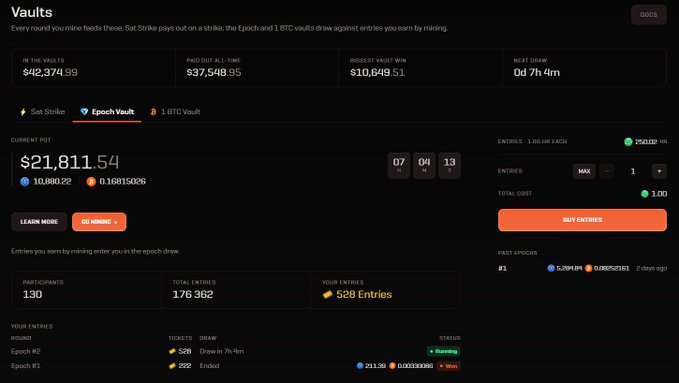 A dashboard for a mining platform called "Vaults" shows a "Sat Strike" round with a pot of $21,811.54, currently at Epoch #0 with 528 entries, alongside tabs for Epoch Vault and 1 BTC Vault.