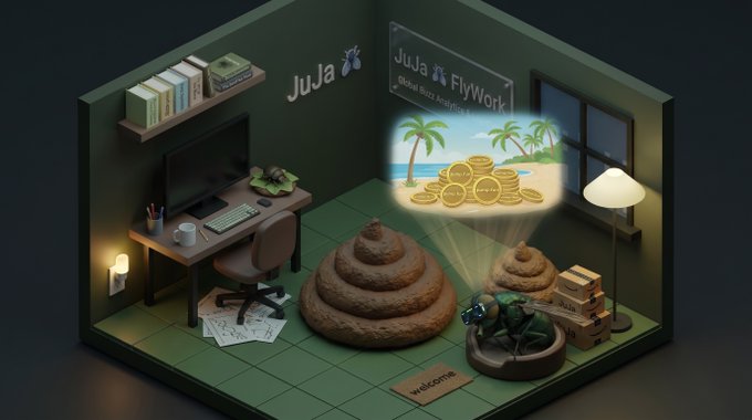 An isometric 3D illustration of a room labeled 'JuJa' and 'JuJa FlyWork global buzz Analyzer' featuring a desk setup, large poop emojis, and a holographic projection of palm trees and money coins.