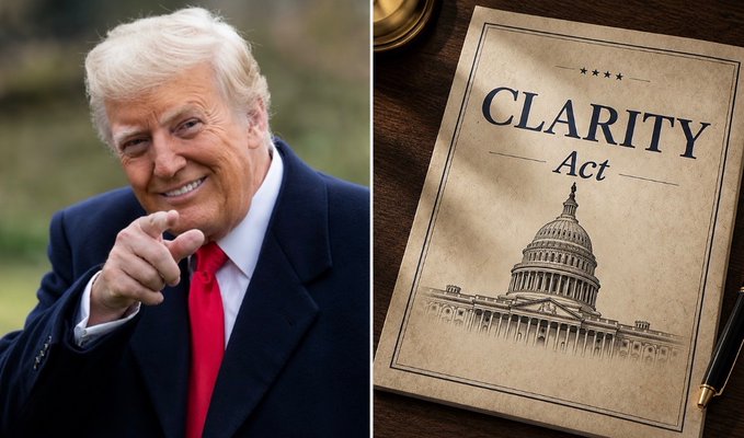 This image juxtaposes President Trump pointing directly at the viewer with a document titled "CLARITY Act" featuring an illustration of the U.S. Capitol building. The visual implies Trump's endorsement and urgency for the passage of the CLARITY Act.