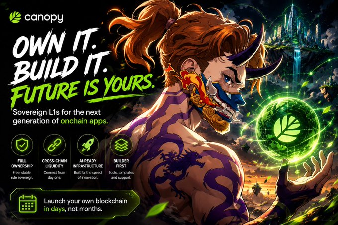 The image features a man with tattoos and a dragon tattooed face holding a green ball. The text in the image reads "Own It. Build It. Future is yours." This suggests that Canopy wants people to take control of their own networks, rather than relying on third-party providers or centralized systems. They are promoting a new platform called L1, which allows users to build and manage their own chains without needing to rely on centralized servers. The image also includes the words "Soverign L1" and "L1 Network", indicating that this is an advertisement for Canopy's new platform.