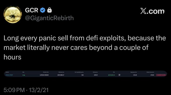 The image shows a tweet from GCR (@GiganticRebirth) dated 5:09 PM on 13/2/21, stating "Long every panic sell from defi exploits, because the market literally never cares beyond a couple of hours," along with a trade record showing a long position of 2,250,651 DR.MM on CRVAAY-PERP with a $176.48 profit. This relates to the accompanying post by referencing GCR's legendary crypto trading wisdom and suggests $NEAR is a similar panic-sell opportunity following the "Wise man once said $NEAR" comment, implying the same long-every-dip philosophy applies to NEAR Protocol.