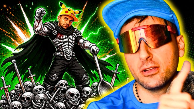 A collage featuring a warrior figure in Pikachu-themed armor standing among skulls on the left, contrasted with a photo of a man in a blue beanie and reflective orange sunglasses giving a thumbs up on the right.