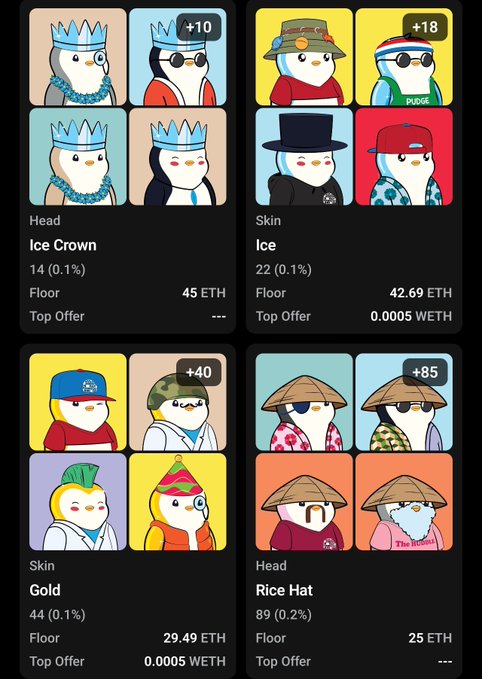 A screenshot of an NFT marketplace showing various penguin avatar collectibles (Ice Crown, Ice skin, Gold, Rice Hat) with their respective floor prices in ETH.