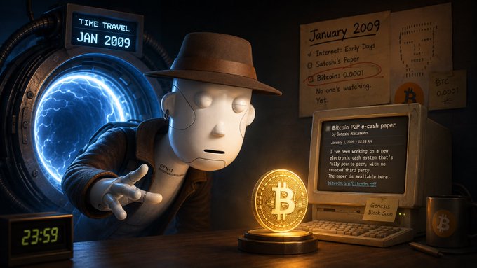 A masked figure in a fedora leans toward a glowing Bitcoin next to an old computer displaying the Bitcoin P2P e-cash paper by Satoshi Nakamoto, with a "Time Travel Jan 2009" portal in the background—visually capturing the hypothetical moment of discovering Bitcoin just after its launch at 0.0001 BTC, when "no one's watching yet."