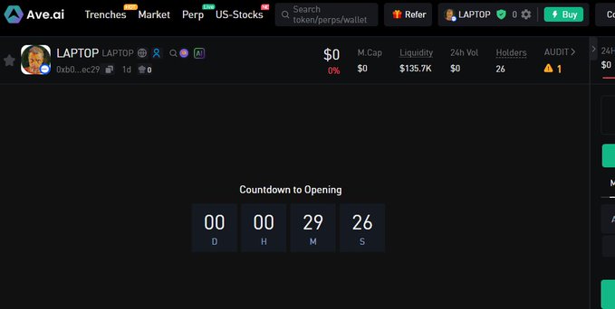 A screenshot of the Ave.ai platform showing a token named 'LAPTOP' with $0 price and $135.7K liquidity, featuring a countdown timer to opening with 00 days, 00 hours, 29 minutes, and 26 seconds remaining.