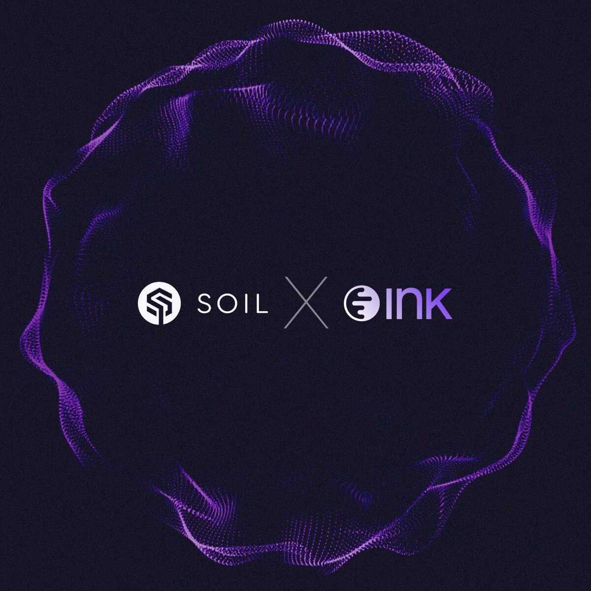 The image features a purple circle with white text that reads "SOIL X INK" at its center, surrounded by a purple wave-like pattern. The background of the image is black, which contrasts with the purple elements. The text "SOIL X INK" and "@krakenfx" are written in white, while "focus on what is in the image and how it relates to the post." is written in black. This design choice creates a visually striking contrast between the purple circle and wave-like pattern, making the text stand out prominently against the dark background.