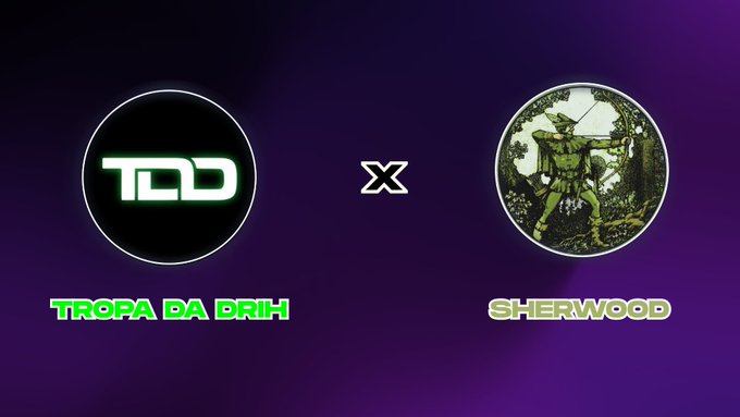 A collaboration graphic between "TROPA DA BRIH" (TDD logo) and "SHERWOOD" (featuring a classic illustration of Robin Hood) with an "x" between the two circular logos on a purple background.