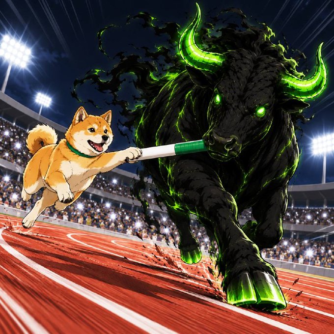 An animated illustration depicts a Shiba Inu dog running on a stadium track while wielding a green and white baton, facing off against a massive black bull with glowing green horns and eyes.