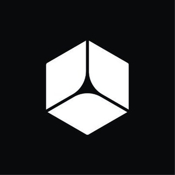 A minimalist white geometric logo resembling a stylized hexagonal cube or gem on a black background.