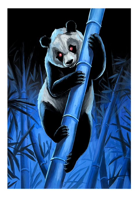An illustration of a young panda with glowing red eyes climbing a blue bamboo stalk in a dark bamboo forest.