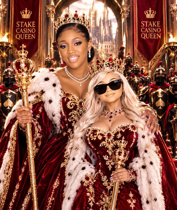 An AI-generated image depicting two women in ornate red and gold royal gowns and crowns, with banners reading 'STAKE CASINO QUEEN' in the background.
