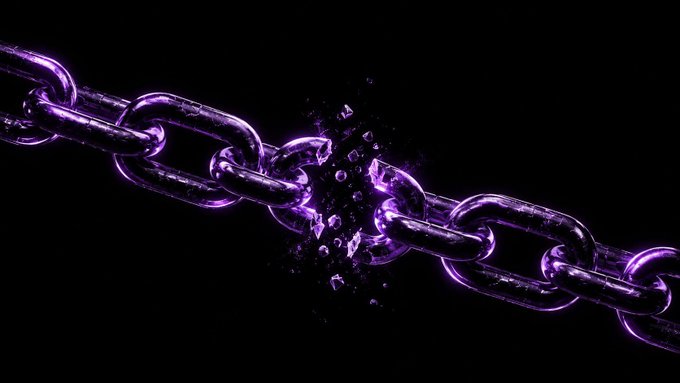 A digital graphic shows a purple metallic chain breaking apart in the middle against a black background, with fragments scattering from the severed link.