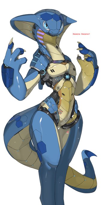 A sleek robotic snake-like figure with blue and cream-colored armor plating stands posed, featuring the text "Xezeno Xezeno!" near the top, tying into the post's "Snek Comm" theme with its serpentine yet mechanical appearance.