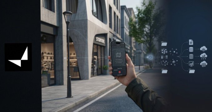 A hand holding a smartphone with an app open in front of a city street, with abstract cloud computing and data icons illustrated on the right side, and a white logo on the left.