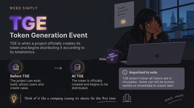 An infographic titled 'WEB3 SIMPLY: TGE - Token Generation Event' explaining that TGE is when a project officially creates its token, featuring an illustration of a woman working on a laptop with a 'Build Launch Grow' sticky note.