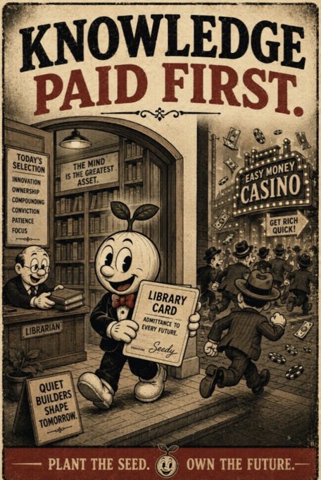 A vintage-style propaganda poster titled 'KNOWLEDGE PAID FIRST' featuring an anthropomorphic seed character walking out of a library holding a 'LIBRARY CARD', while people rush toward an 'EASY MONEY CASINO' in the background, with the tagline 'PLANT THE SEED. OWN THE FUTURE.'