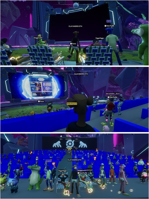 Three screenshots from a virtual social hub show avatars gathered in front of a screen labeled 'CLAYANORD-ETH,' with prompts to view the profile or focus, and one view revealing a large crowd watching a presentation featuring wing and gear icons.