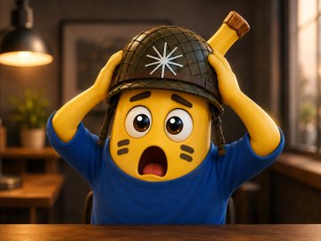3D animated character with a yellow emoji face showing a shocked expression, wearing a blue shirt and a black helmet with a white star emblem, holding their hands to their head.