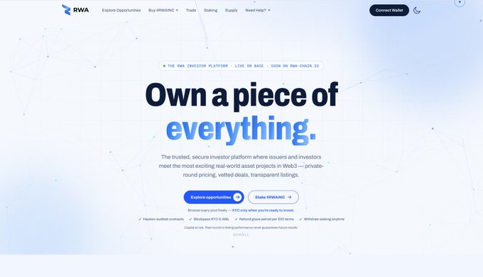 Website homepage for RWA, the RWA Investor Platform, featuring the tagline 'Own a piece of everything' for real-world asset investments in Web3.