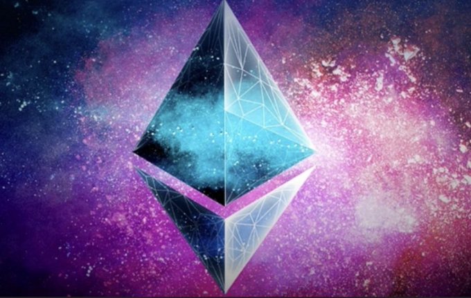 A glowing, crystalline Ethereum logo floating against a vibrant purple and pink cosmic galaxy background.