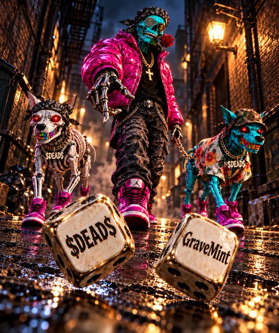 A stylized digital artwork features a blue-skinned zombie-like figure in a pink puffer jacket walking two skeletal dogs, with golden dice in the foreground displaying the text '$DEADS' and 'GraveMint'.