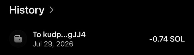 A transaction history entry shows a wallet transfer of -0.74 SOL to address "kudp...gJJ4" on July 29, 2026, likely demonstrating a recent payout that aligns with the post's call for users to drop their SOL wallets for upcoming rewards.