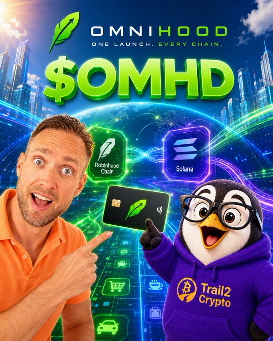 A man excitedly points at a black credit card with a green leaf logo while standing next to a cartoon penguin in a purple "Trail2 Crypto" hoodie, all set against a futuristic cityscape promoting "$OMHD" and "OMNIHOOD - One Launch. Every Chain." with icons for "Robinhood Chain" and "Solana." The vibrant promotional image highlights the $OMHD project, aligning with the post's emphasis on its potential at a $12k market cap and its doxxed developer's experience.