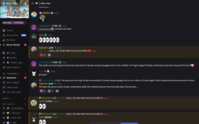 A Discord chat interface in the #tribe-chat channel with various users discussing verification and moderation messages.